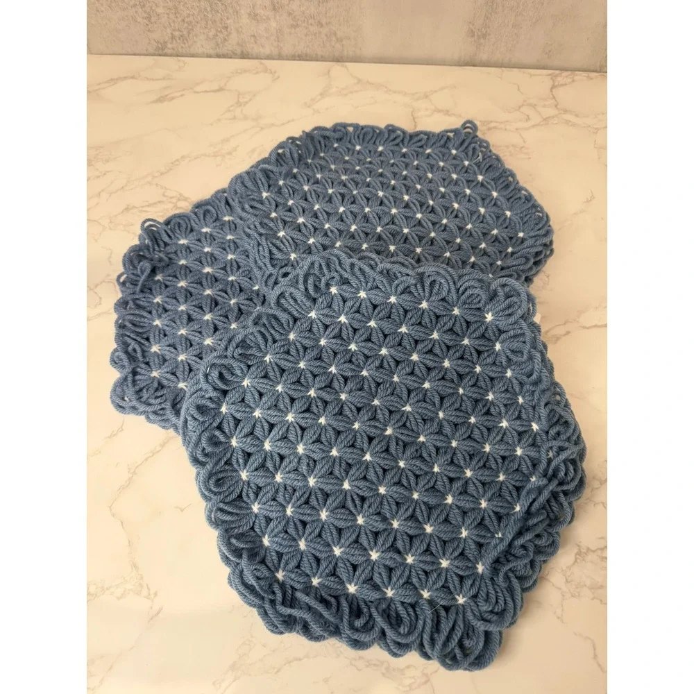 Hand Crocheted Trivet Blue Pot Holder Hot Pad 10 Inch Set of 3 Granny Core
